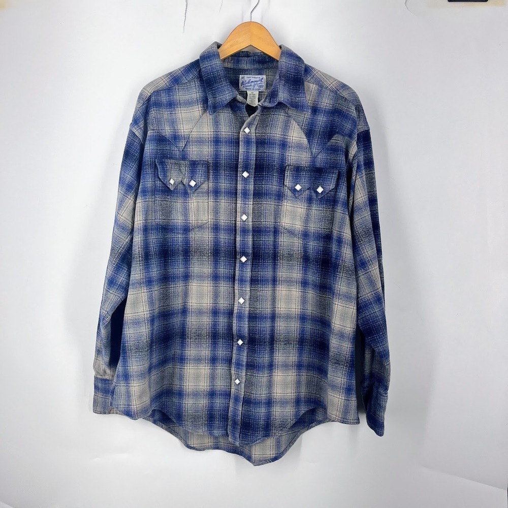 Rockmount Ranch Wear Mens XL Blue Grey Plaid Western Flannel Snap Shirt 647 USA